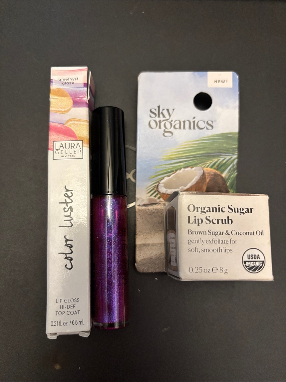 Laura Geller Luster Lip Gloss in Amethyst Glaze - Shimmering Purple & lip scrub